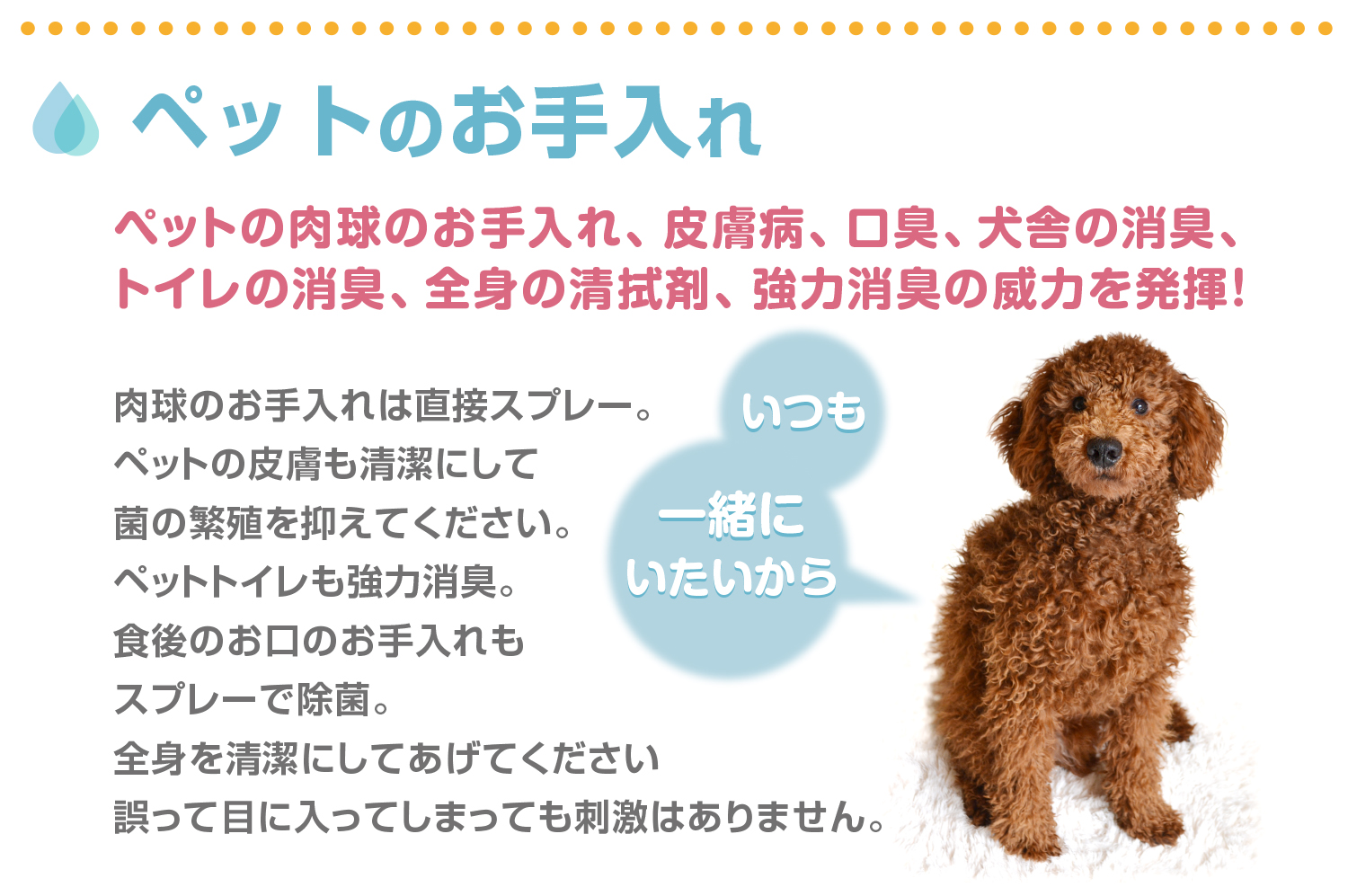 強酸性水　次亜塩素酸水　ペットのお手入れ　ペットの肉球の消毒、皮膚病の消毒、口臭予防、犬舎の消臭消毒、トイレの消臭、前身の清拭剤、強力除菌消臭の威力を発揮！