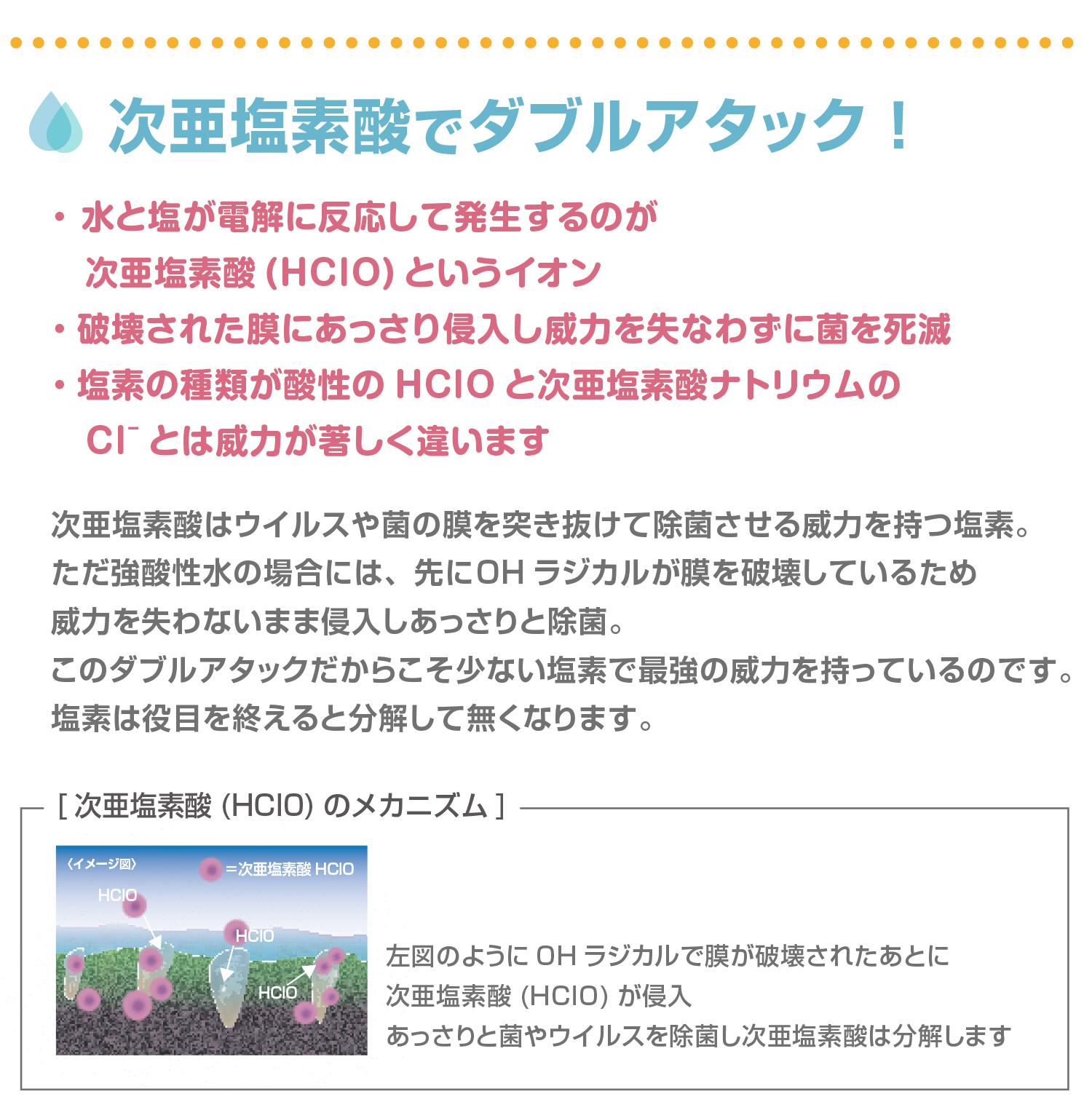 強酸性水　次亜塩素酸水はOHラジカルと次亜塩素酸でダブルアタック！