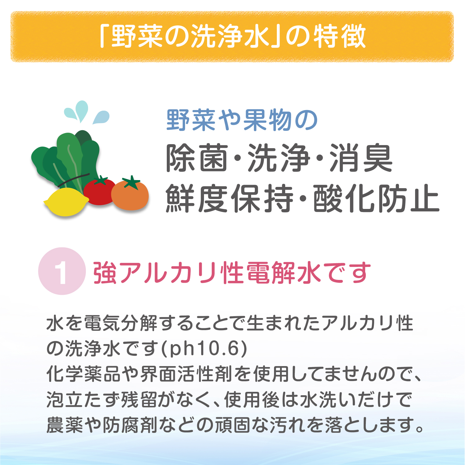 野菜の洗浄水 | 殺菌・消毒・消臭の強酸性電解水（次亜塩素酸水）| エースライフ